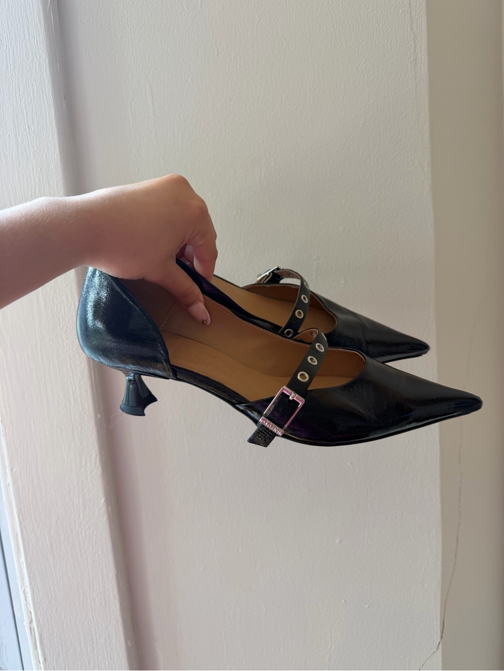 Ganni Black Pointed Mary Jane Kitten Heel Pumps